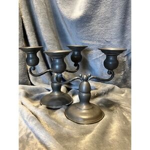 Vintage Pewter Two Arm Candelabra Pair Classic Colonial Style Candle Holders